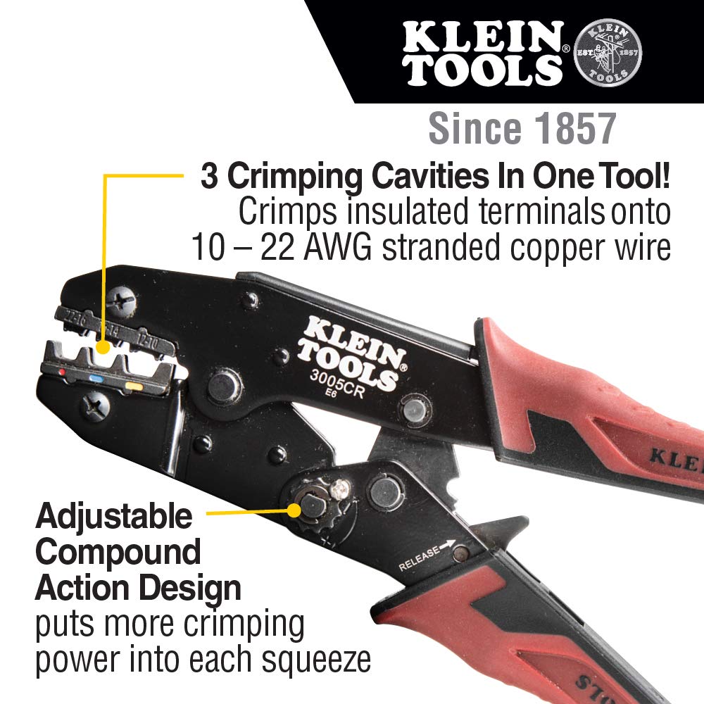 Klein Tools 3005CR Wire Crimper Tool, Ratcheting Insulated Terminal Crimper for 10 to 22 AWG Wire KLEIN TOOLS