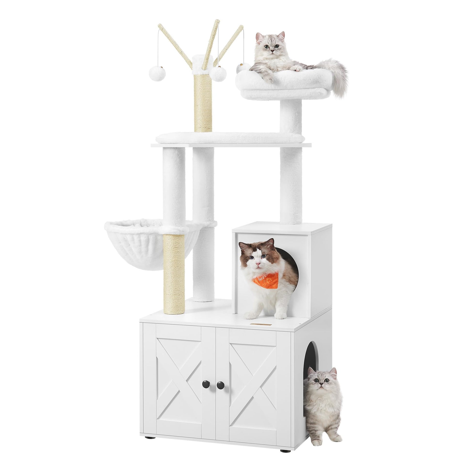Feandrea WoodyWonders Cat Tree with Litter Box Furniture Hidden Enclosure, 2-in-1 Modern Tower, Cat Condo with Scratching Posts, Removable Pompom Sticks, Cloud White UPCT113W01 Feandrea