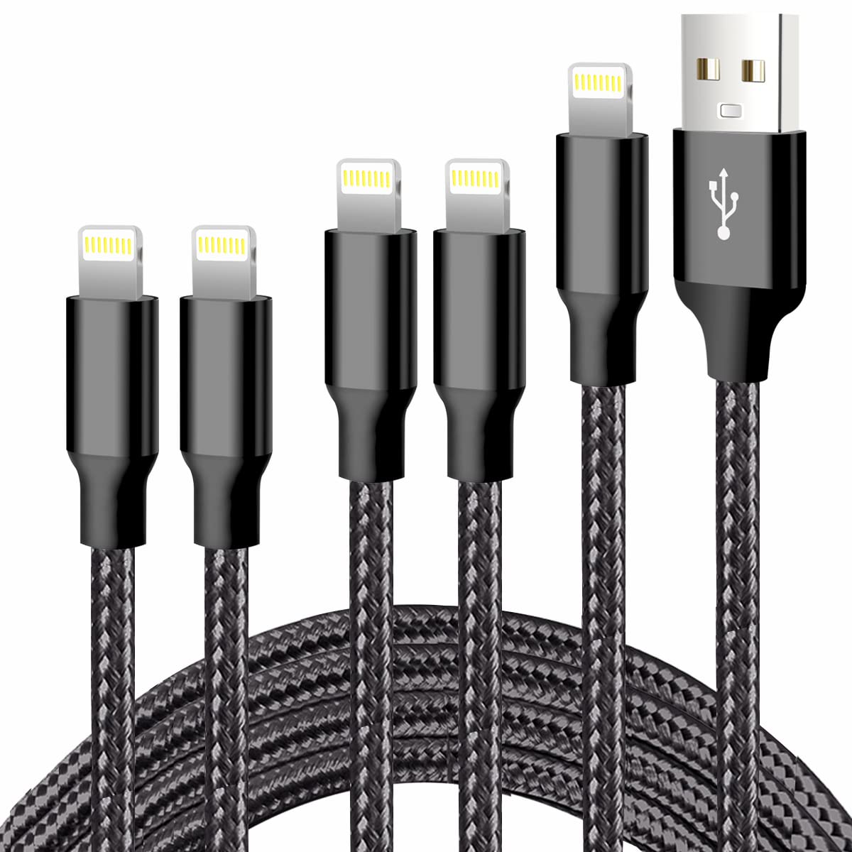 CUGUNU iPhone Charger, 5 Pack 3/3/6/6/10FT Apple MFi Certified USB Lightning Cable Nylon Braided Fast Charging Cord Compatible for iPhone 14/13/12/11/X/Max/8/7/6/5/SE/Plus/iPad - Black - Available at All In One Marketplace Canada