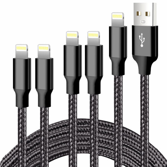 CUGUNU iPhone Charger, 5 Pack 3/3/6/6/10FT Apple MFi Certified USB Lightning Cable Nylon Braided Fast Charging Cord Compatible for iPhone 14/13/12/11/X/Max/8/7/6/5/SE/Plus/iPad - Black - Available at All In One Marketplace Canada