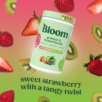 Bloom Nutrition Superfood Greens Powder, Digestive Enzymes with Probiotics and Prebiotics, Gut Health, Bloating Relief for Women, Chlorella, Juice Mix with Beet Root Powder, 25 SVG, Strawberry Kiwi - Available at All In One Marketplace Canada