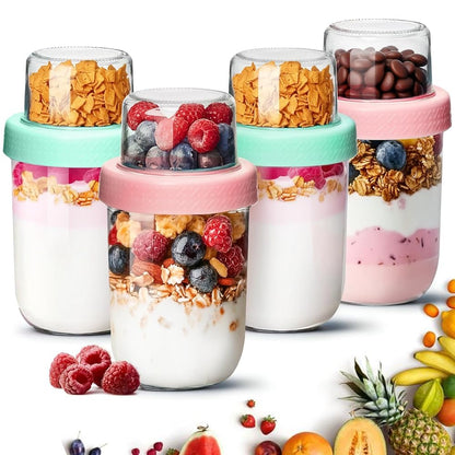 ComSaf Overnight Oats jars with Lids （16oz+4oz 4Pcs）, Dual-Laryer Chia Pudding Jars with Dry and Wet Separation, Yogurt Parfait Contianer for Oatmeal Cereal Nut Fruit, Meal Prep Glass Jars for Salad - Available at All In One Marketplace Canada