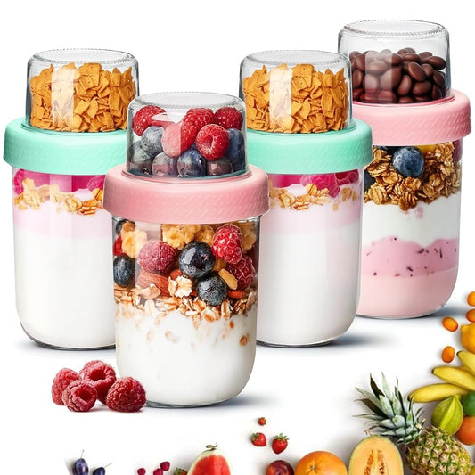 ComSaf Overnight Oats jars with Lids （16oz+4oz 4Pcs）, Dual-Laryer Chia Pudding Jars with Dry and Wet Separation, Yogurt Parfait Contianer for Oatmeal Cereal Nut Fruit, Meal Prep Glass Jars for Salad - Available at All In One Marketplace Canada