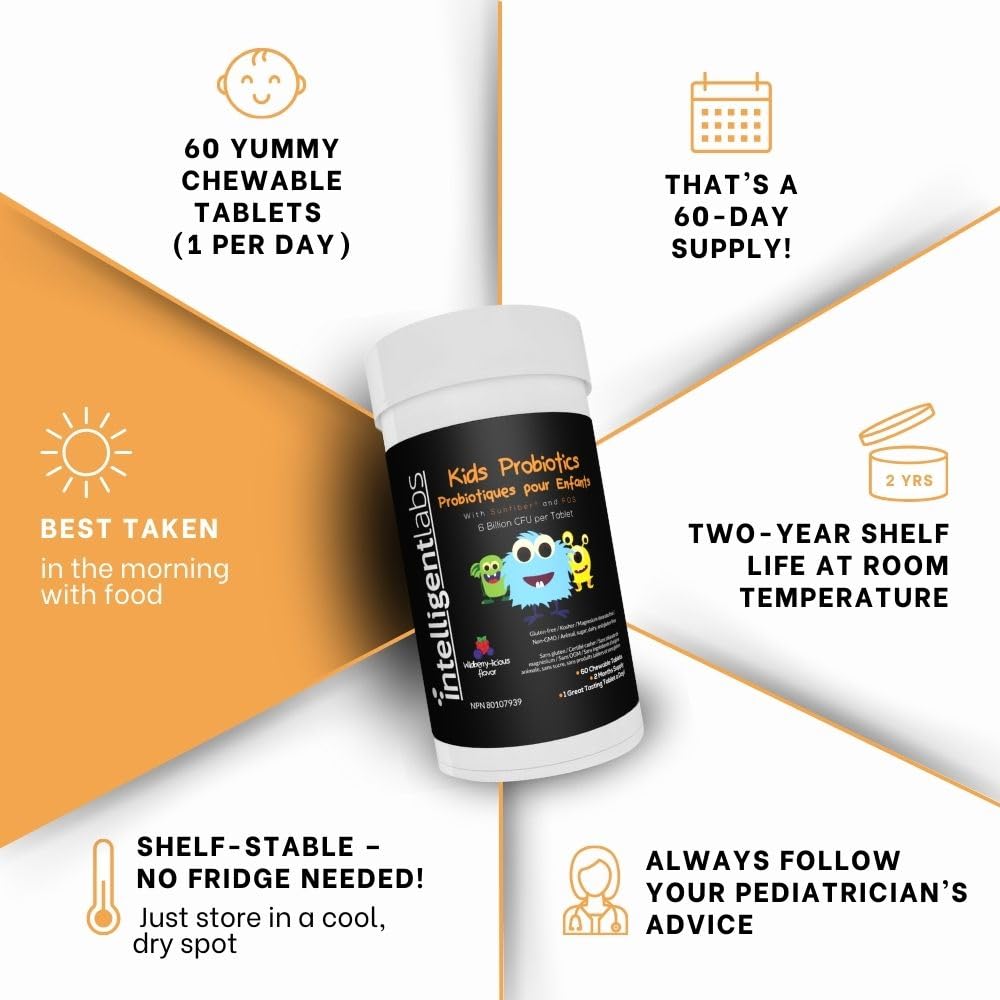Intelligent Labs Kids/Children Probiotics 6 Billion CFU with Prebiotics, PHGG & FOS, Once-Daily Chewable, Great Taste, 10x Effectiveness, 60-Day Supply, Third-Party Verified - Available at All In One Marketplace Canada