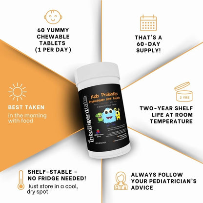 Intelligent Labs Kids/Children Probiotics 6 Billion CFU with Prebiotics, PHGG & FOS, Once-Daily Chewable, Great Taste, 10x Effectiveness, 60-Day Supply, Third-Party Verified - Available at All In One Marketplace Canada