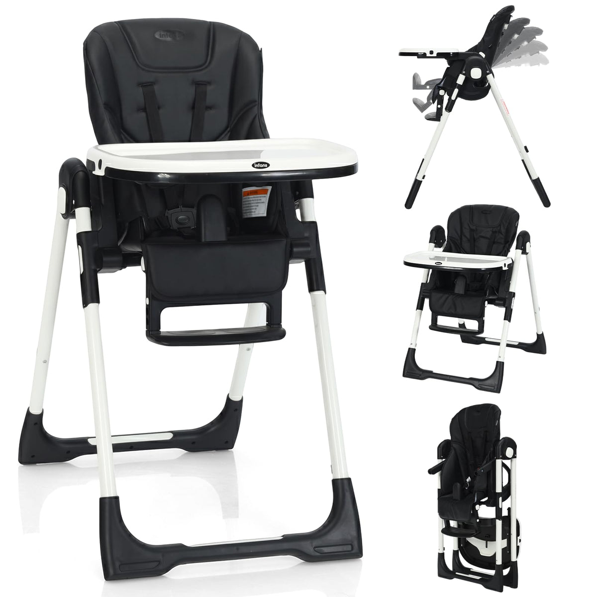 INFANS High Chair for Babies & Toddlers, Foldable Highchair with Multiple Adjustable Backrest, Footrest and Seat Height, Removable Tray, Detachable PU Leather Cushion, Built-in Rear Wheels (Black) (Black)