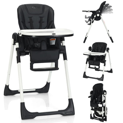 INFANS High Chair for Babies & Toddlers, Foldable Highchair with Multiple Adjustable Backrest, Footrest and Seat Height, Removable Tray, Detachable PU Leather Cushion, Built-in Rear Wheels (Black) (Black)