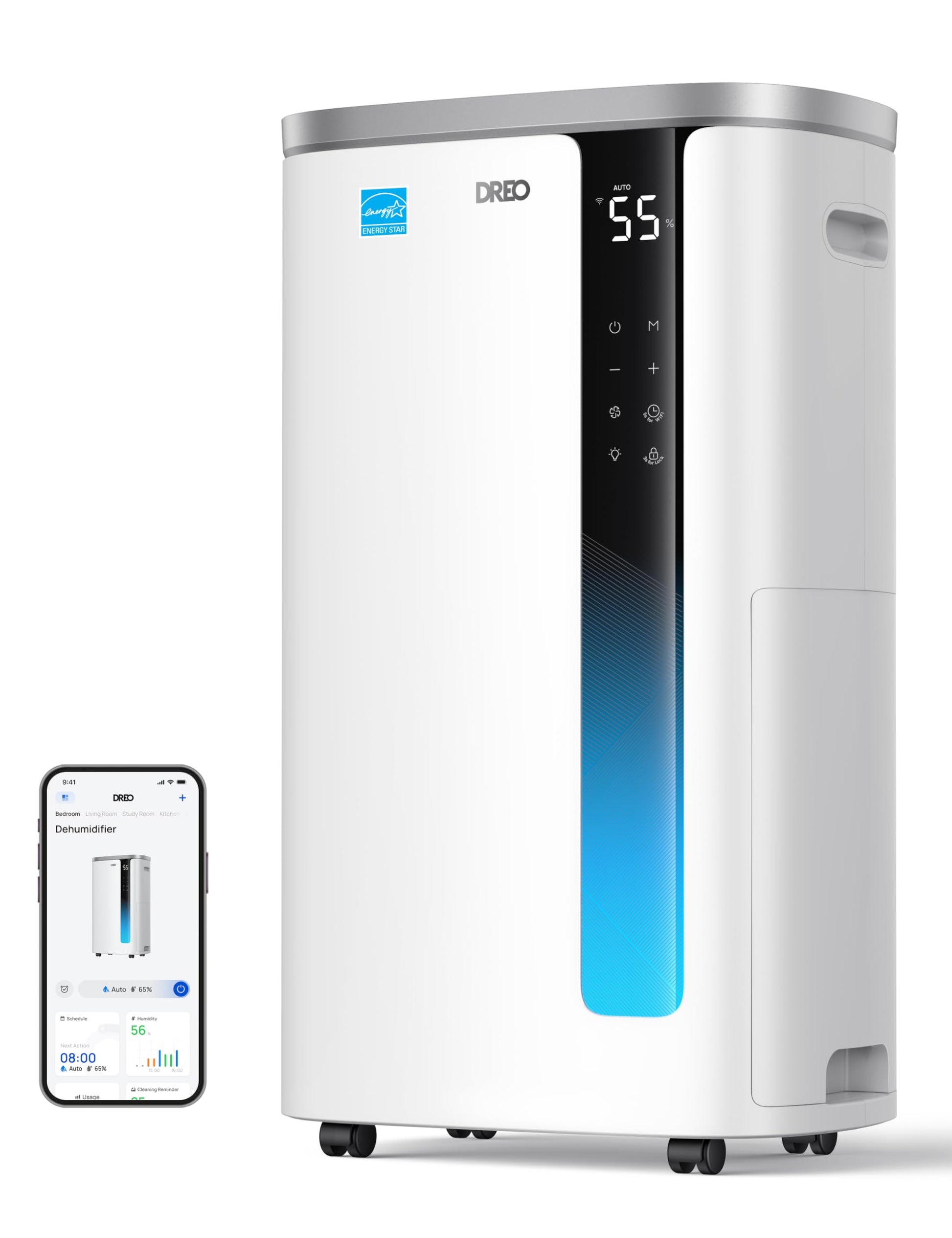 DREO 73 Pint Smart Dehumidifiers for Basements, Energy Star 6.0 Dehumidifier, Quiet 41dB, Auto Humidity Control, 3 Fan Speeds, 24H Timer, with Drain Hose, for Home up to 2000 Sq Ft, Bathroom & Bedroom DREO