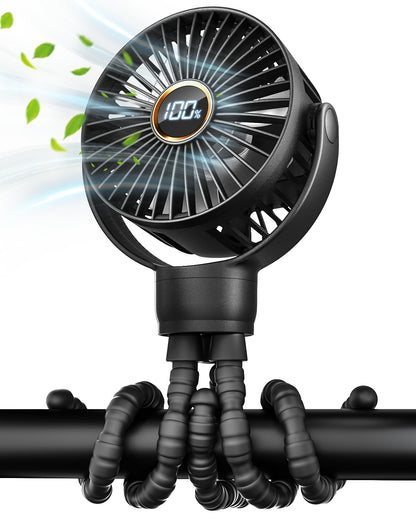 Portable Stroller Fan, Mini Baby Fan Clip on Fan, LED Display, 360° Rotate Flexible Tripod, Rechargeable Small Personal Handheld Fan Cooling Desk Fan for Car Seat Crib Treadmill Travel