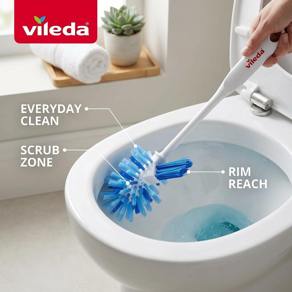Vileda Deluxe Toilet Brush and Holder | Cleaner Brush with Ergonomic Handle | Easily Clean Under the Rim | Angled Bristles Reach Tough Spots