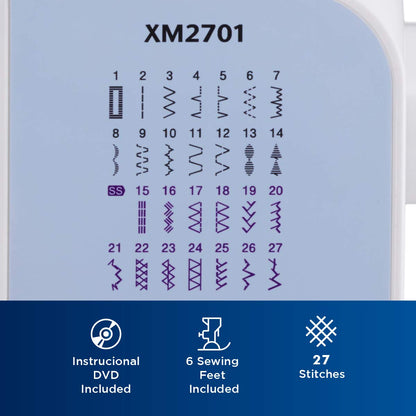 Brother XM2701 Lightweight, Full-Featured Sewing Machine with 27 Stitches, 1-Step Auto-Size Buttonholer, 6 Sewing Feet, and Instructional DVD - Available at All In One Marketplace Canada