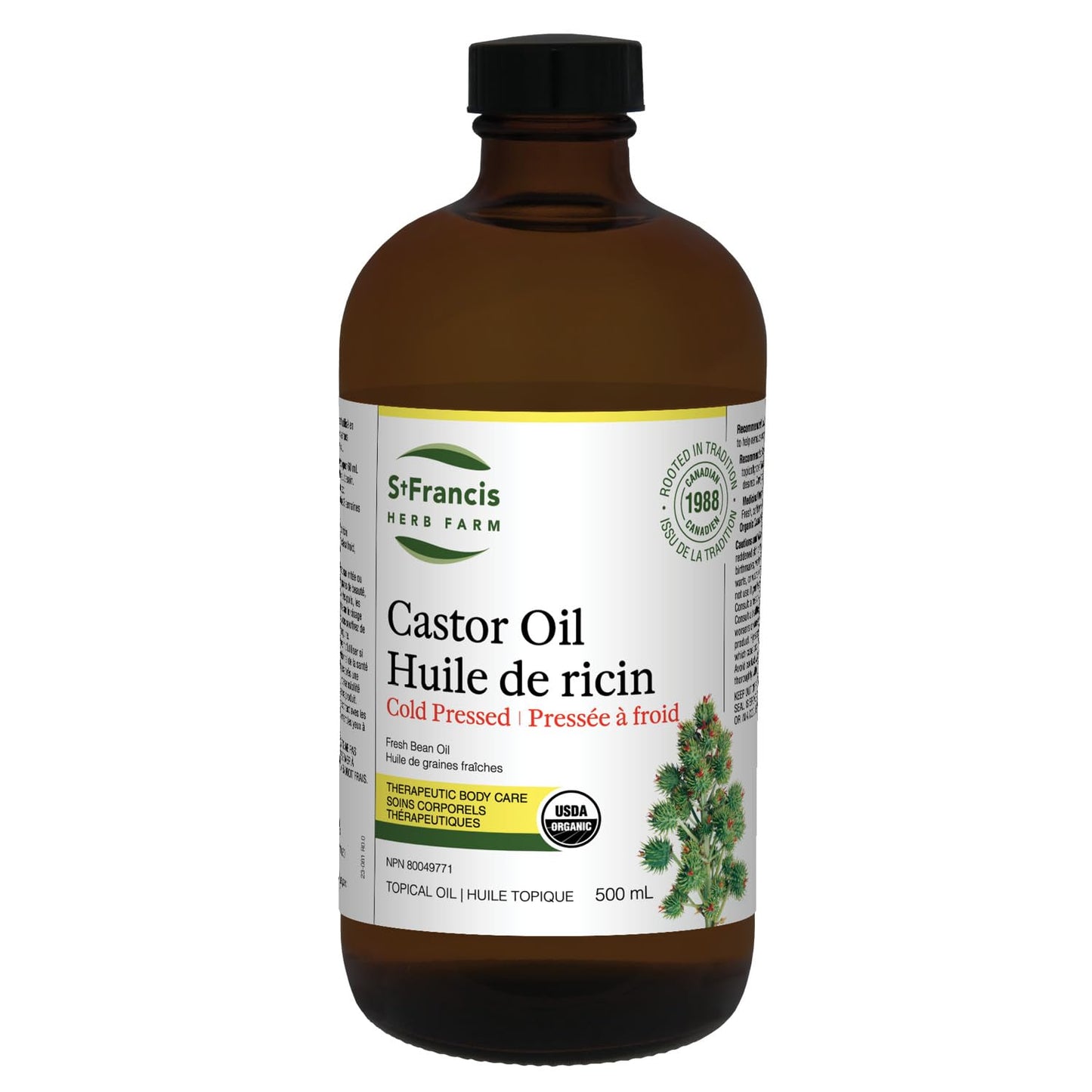 ST FRANCIS HERB FARM Castor Oil (500ml) USDA Certified Organic, Cold Pressed, Hexane-Free, GMO Free, Vegan, Vegetarian, Sealed in Protective Amber Glass (1 Bottle) Hair, Skin, and Nail Care - Available at All In One Marketplace Canada