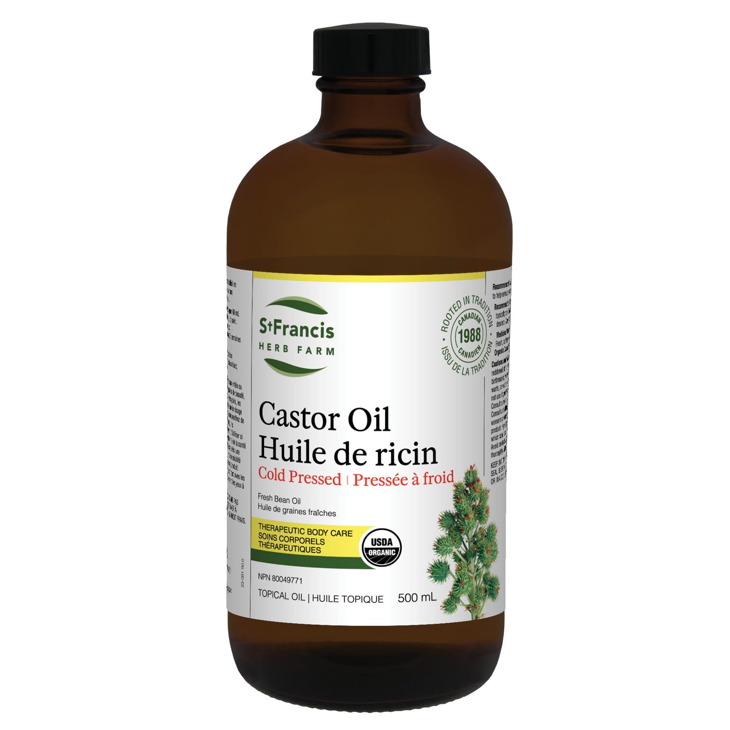 ST FRANCIS HERB FARM Castor Oil (500ml) USDA Certified Organic, Cold Pressed, Hexane-Free, GMO Free, Vegan, Vegetarian, Sealed in Protective Amber Glass (1 Bottle) Hair, Skin, and Nail Care - Available at All In One Marketplace Canada