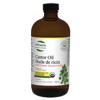 ST FRANCIS HERB FARM Castor Oil (500ml) USDA Certified Organic, Cold Pressed, Hexane-Free, GMO Free, Vegan, Vegetarian, Sealed in Protective Amber Glass (1 Bottle) Hair, Skin, and Nail Care - Available at All In One Marketplace Canada