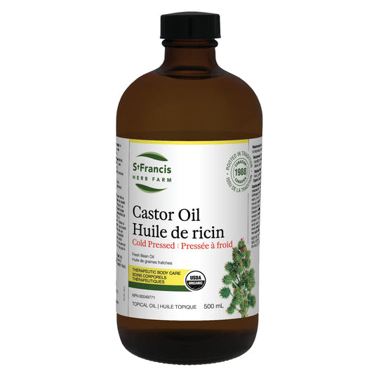 ST FRANCIS HERB FARM Castor Oil (500ml) USDA Certified Organic, Cold Pressed, Hexane-Free, GMO Free, Vegan, Vegetarian, Sealed in Protective Amber Glass (1 Bottle) Hair, Skin, and Nail Care - Available at All In One Marketplace Canada