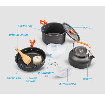 OVERMONT 14 PCS Camping Cookware Outdoor Kitchen Set, Aluminum Portable Kettle Pots and Pans for Camping Hiking and Picnic for 1-3 Person 🍁 All In One Marketplace Canada