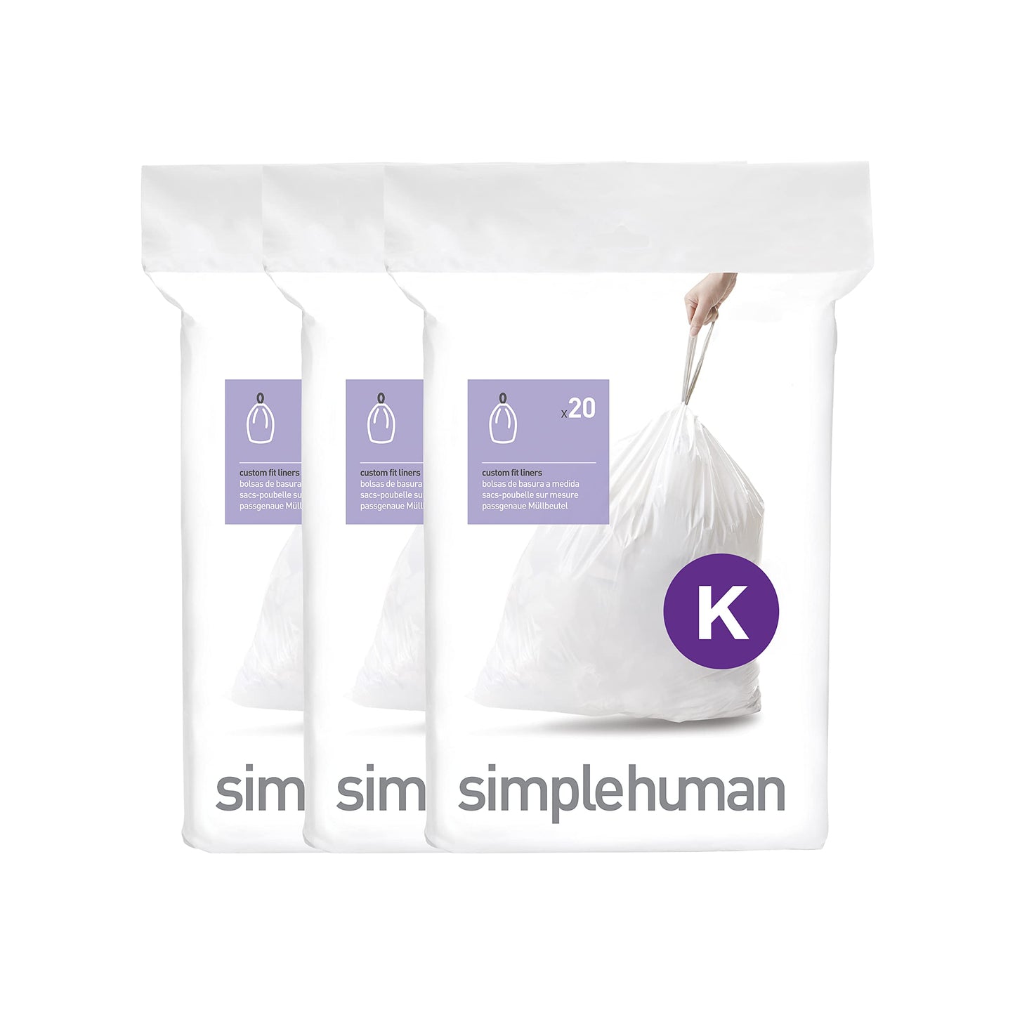 simplehuman Code K 60 Count, Dispenser Pack Custom Fit Liners, Drawstring Trash Bags, 35-45L / 9-12 Gallons, White simplehuman