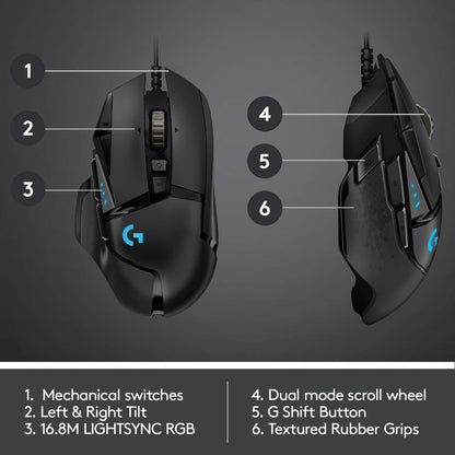 Logitech G502 Hero High Performance Wired Gaming Mouse, Hero 25K Sensor, 25,600 DPI, RGB, Adjustable Weights, 11 Programmable Buttons, On-Board Memory, PC/Mac, Black