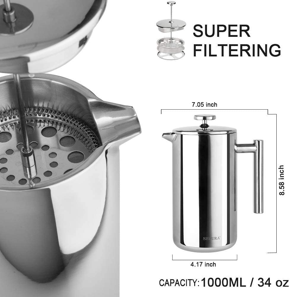Secura French Press Coffee Maker, 304 Grade Stainless Steel Insulated Coffee Press with 2 Extra Screens, 34oz (1 Litre), Silver - Available at All In One Marketplace Canada