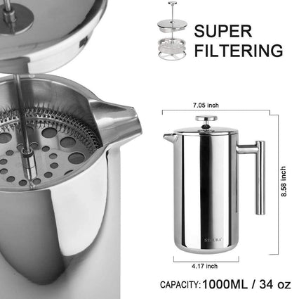 Secura French Press Coffee Maker, 304 Grade Stainless Steel Insulated Coffee Press with 2 Extra Screens, 34oz (1 Litre), Silver - Available at All In One Marketplace Canada