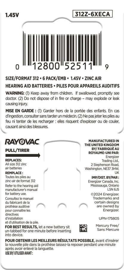 RAYOVAC® Extra Size 312 Hearing Aid Batteries (60 Batteries) - Available at All In One Marketplace Canada