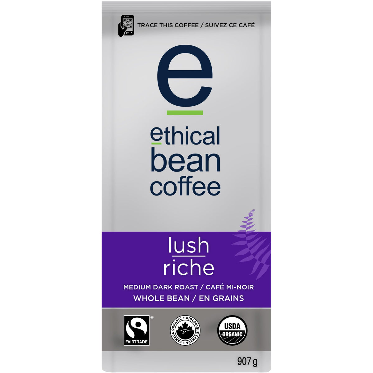 Ethical Bean Lush Medium Dark Roast Fairtrade Organic Whole Bean Coffee, 907g Bag