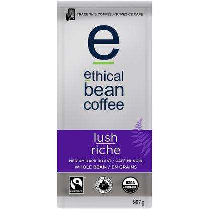 Ethical Bean Lush Medium Dark Roast Fairtrade Organic Whole Bean Coffee, 907g Bag