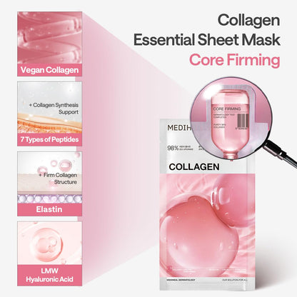 MEDIHEAL Collagen Essential Face Mask - Firming & Elasticity with Vegan Collagen, Peptides & Hyaluronic Acid, Deep Hydrating Korean Skincare for Dry & Wrinkle Skin (10 Sheets)