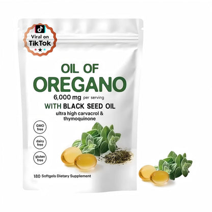 Oil of Oregano Softgels 6000mg Per Serving, 2 in 1 Formulated with Black Seed Oil 200mg, 4X Strength Carvacrol & Thymoquinone | Plant Based, Non-GMO & Immune Support (180 Count/1 Bag) - Available at All In One Marketplace Canada
