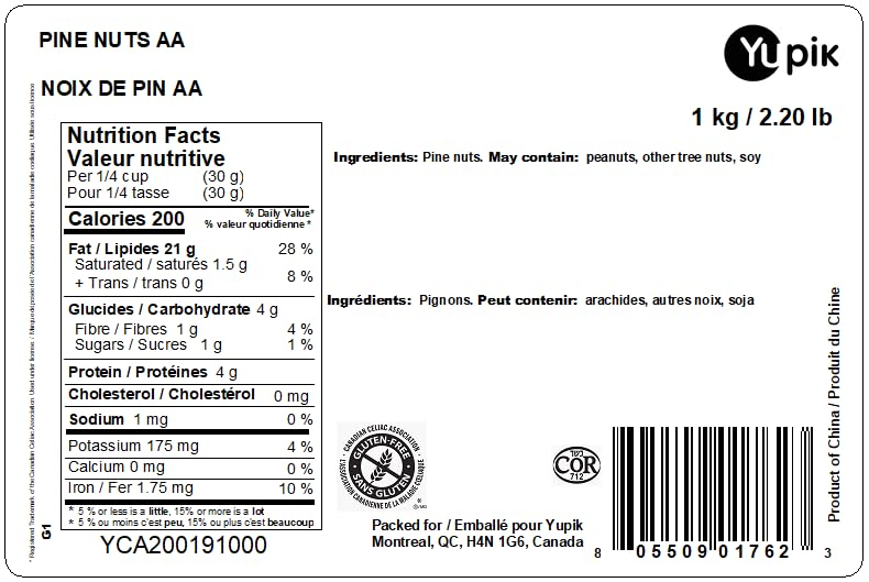 Yupik Pine Nuts – 1 kg Raw Shelled Kernels, Gluten-Free, Kosher, Unsalted & Unroasted