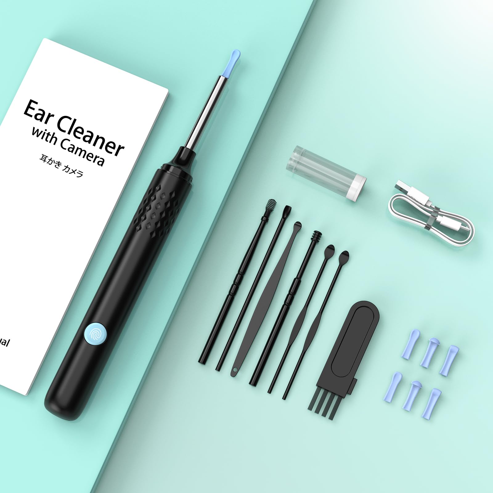 LMECHN Ear Wax Removal, Ear Cleaner with 7 Pcs Ear Set, Ear Wax Removal Tool Camera with 1080P Ear Otoscope & 6 LED Lights, Wireless Ear Pick for Ear Cleaning with 6 Ear Spoons Black