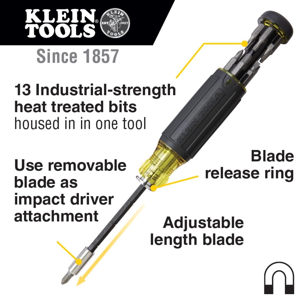 Klein Tools 32303 Multi-Bit Screwdriver/Nut Driver, Impact Rated 14-in-1 Magnetic Screwdriver Set Phillips, Slotted, Square, Combo, Torx KLEIN TOOLS