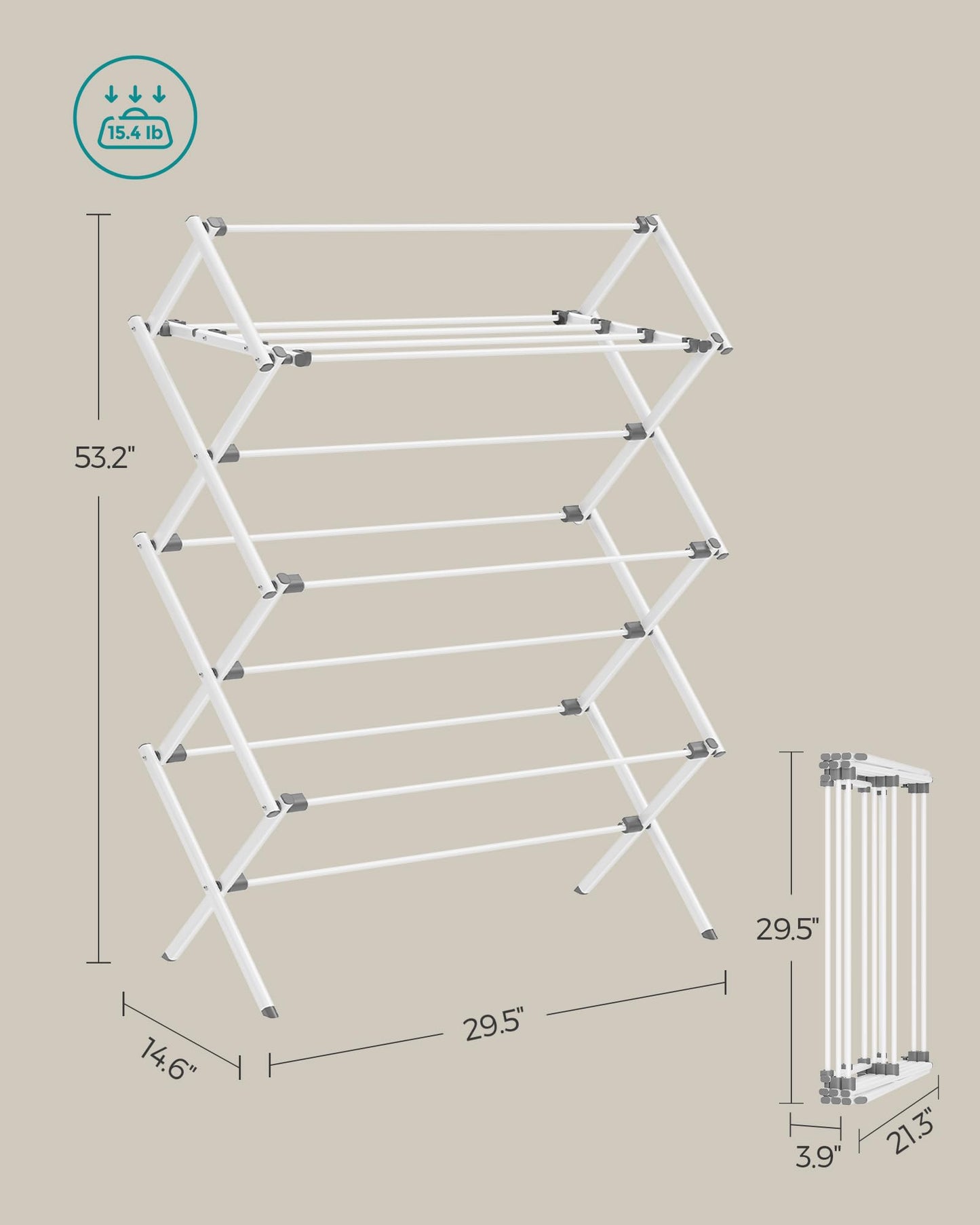 SONGMICS Foldable Clothes Drying Rack, Laundry Drying Rack, Clothes Airer, Steel Frame, 37 x 75 x 135.1 cm, Easy Assembly, Indoor Outdoor Use, White ULLR771W01 SONGMICS