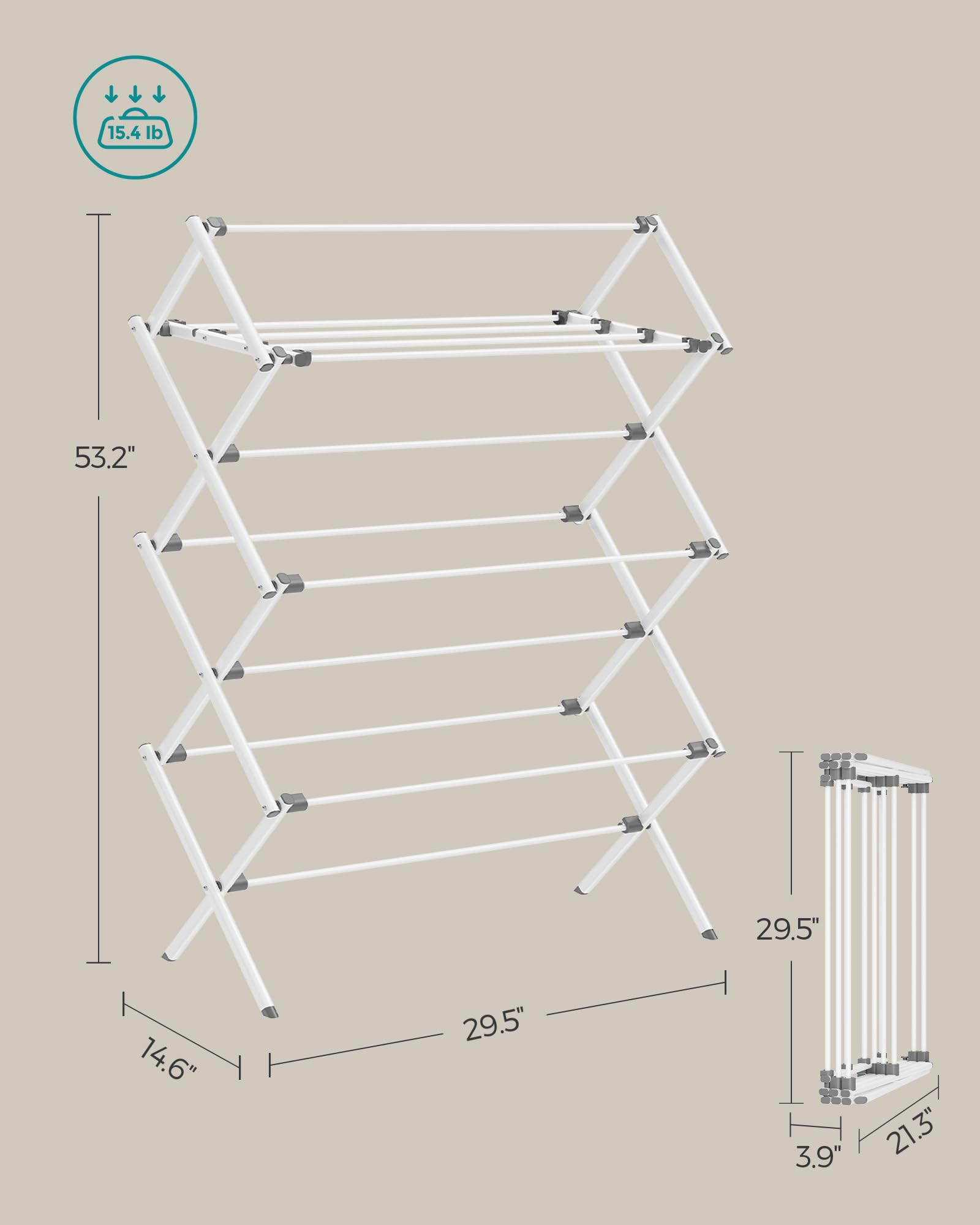SONGMICS Foldable Clothes Drying Rack, Laundry Drying Rack, Clothes Airer, Steel Frame, 37 x 75 x 135.1 cm, Easy Assembly, Indoor Outdoor Use, White ULLR771W01 SONGMICS