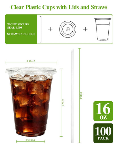 Goodluck 100 Pack 16oz Plastic Cups with Lids and Straws, Clear Disposable Iced Coffee Cups, Food Safe Cold Drink Cups for Bubble Tea, Smoothies & Shakes, BPA Free - Available at All In One Marketplace Canada