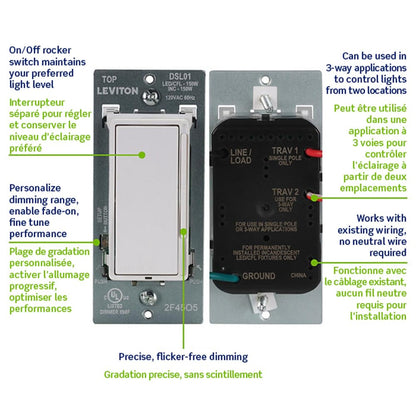Leviton Decora Dimmer with Slide Bar and Rocker Switch, 15 Amp, DSL01-L0W, White