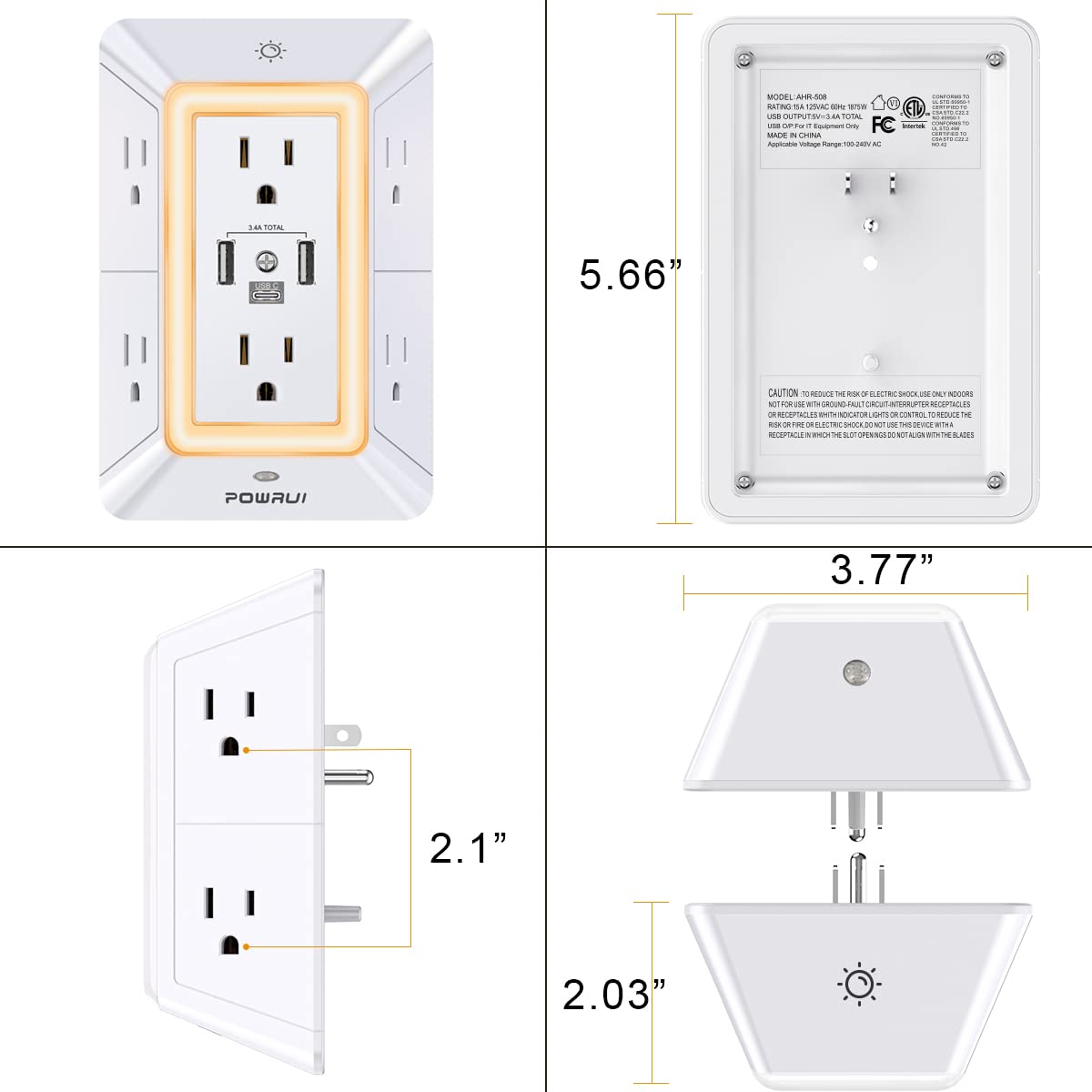 3-Sided Power Bars with Surge Protector, POWRUI 6-Outlet Extender with 3 USB Ports (1 USB C) and Night Light, Multi Plug Outlet and Spaced Outlets Adapter, ETL, White - Available at All In One Marketplace Canada