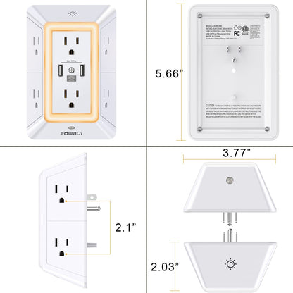 3-Sided Power Bars with Surge Protector, POWRUI 6-Outlet Extender with 3 USB Ports (1 USB C) and Night Light, Multi Plug Outlet and Spaced Outlets Adapter, ETL, White - Available at All In One Marketplace Canada