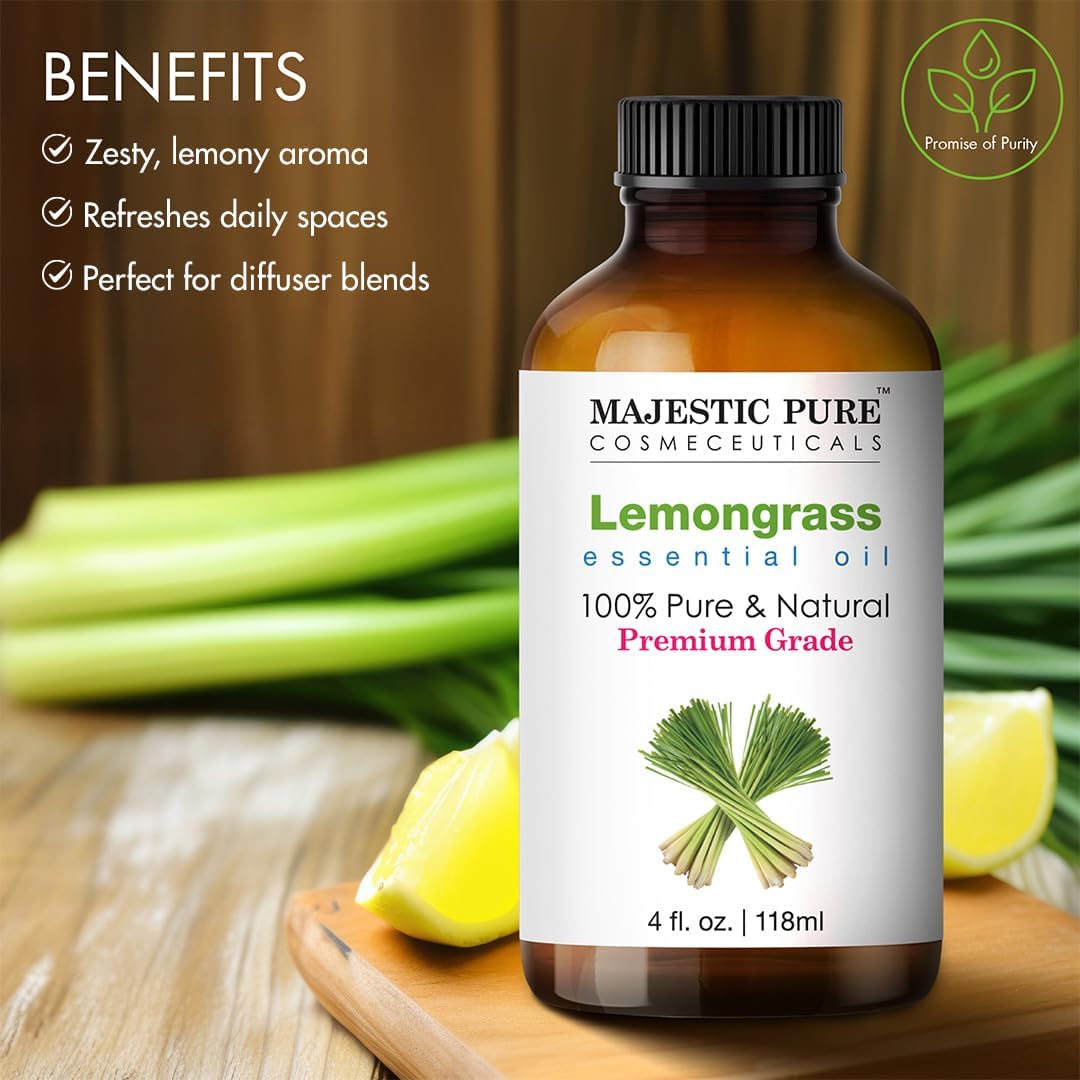 Majestic Pure Lemongrass Essential Oil - Huge 118 ml - 100% Pure and Natural Oil for Soap Making Scent- Premium Grade with Glass Dropper