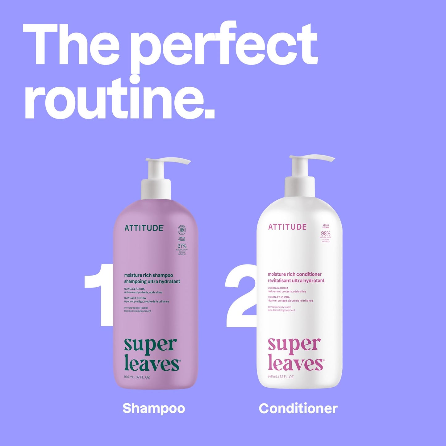 ATTITUDE Moisture Rich Hair Conditioner, Made in Canada, For Dry and Damaged Hair, Naturally Derived Ingredients, Vegan Detangler, Dermatologiocally Tested, Quinoa and Jojoba, 946 mL