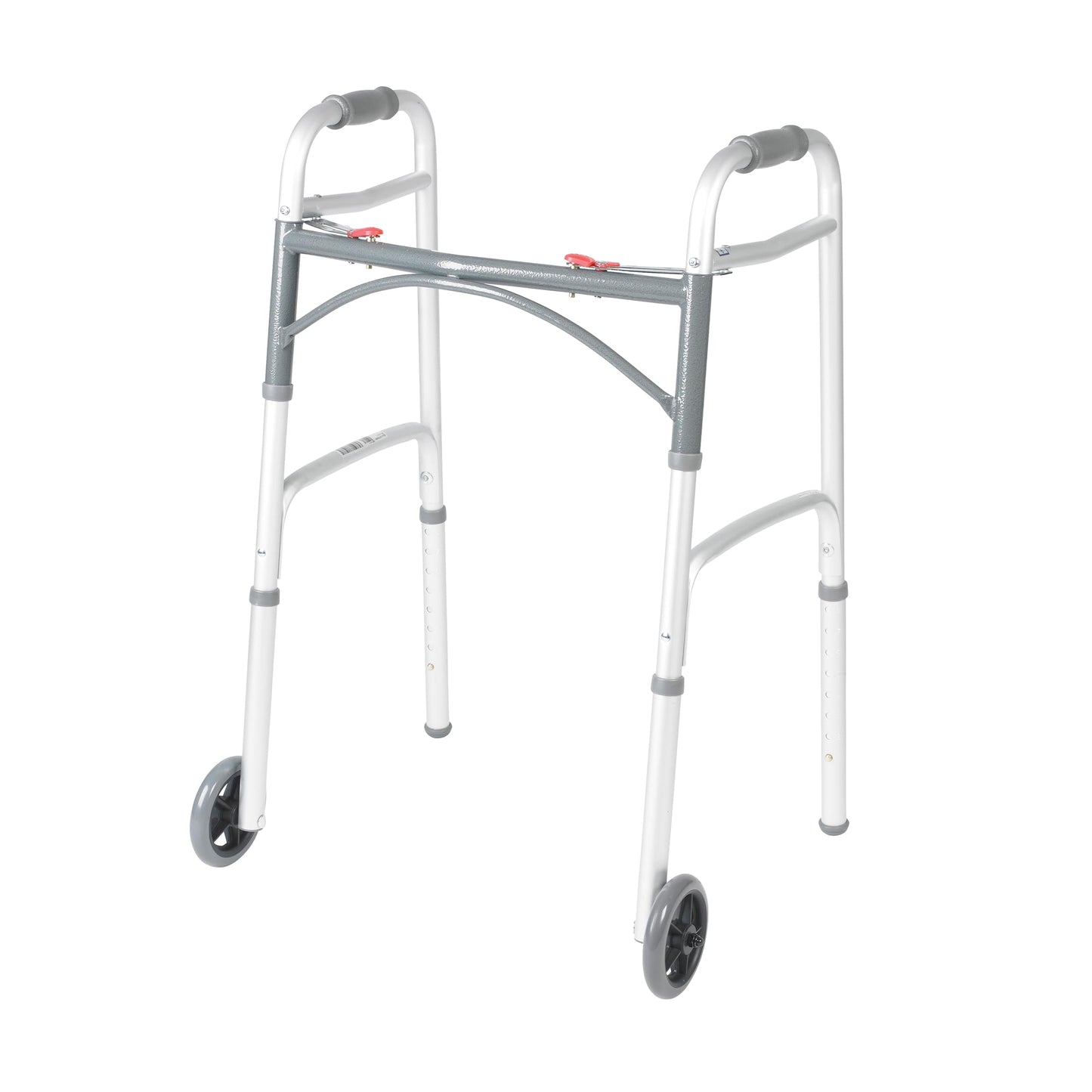 Drive Medical Two-Button Folding Walker w/ Wheels - Lightweight Rolling Mobility Support - Desk Arms - Adjustable Height - Dual Push-Button Operation - 5 Inch Front Wheels - Durable Aluminum - Silver Drive Medical