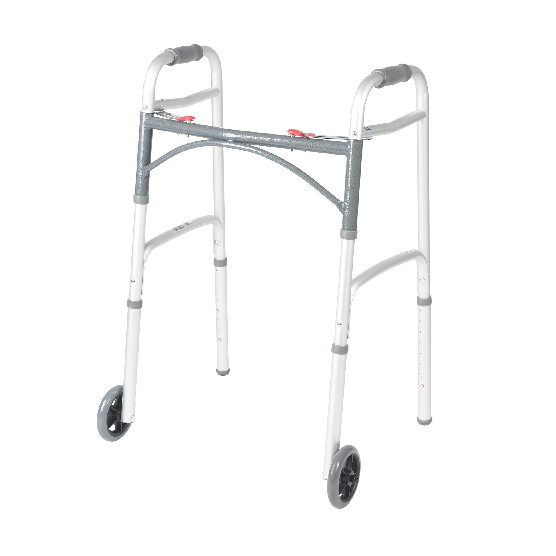 Drive Medical Two-Button Folding Walker w/ Wheels - Lightweight Rolling Mobility Support - Desk Arms - Adjustable Height - Dual Push-Button Operation - 5 Inch Front Wheels - Durable Aluminum - Silver Drive Medical