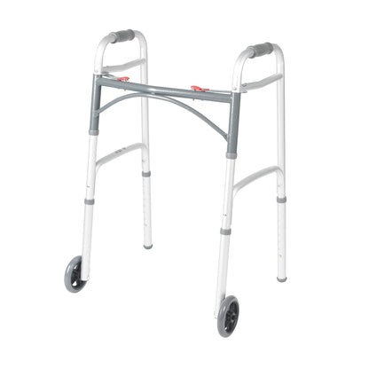Drive Medical Two-Button Folding Walker w/ Wheels - Lightweight Rolling Mobility Support - Desk Arms - Adjustable Height - Dual Push-Button Operation - 5 Inch Front Wheels - Durable Aluminum - Silver Drive Medical