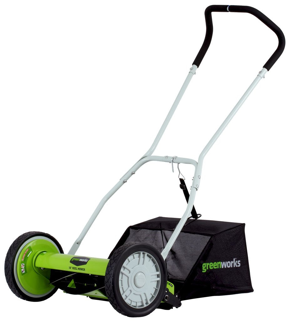 Greenworks 16-Inch Reel Lawn Mower with Grass Catcher 25052,Black/Green, 47" D x 22" W x 29.75" H - Available at All In One Marketplace Canada