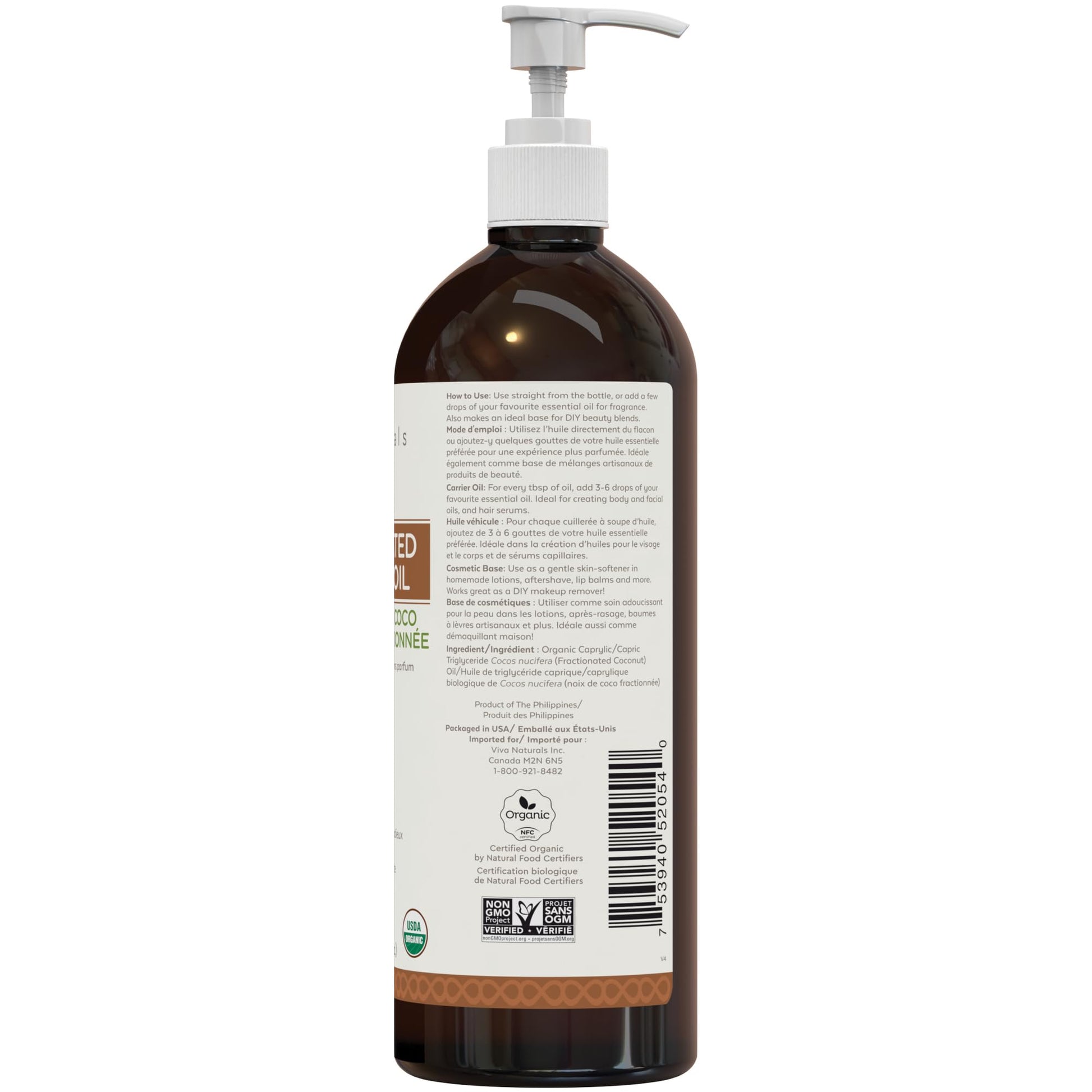Viva Naturals Organic Fractionated Coconut Oil – Pure Massage Oils for Massage Therapy, Coconut Oil for Skin & Hair, Lightweight Carrier Oil for Essential Oils, 16 fl oz - Available at All In One Marketplace Canada