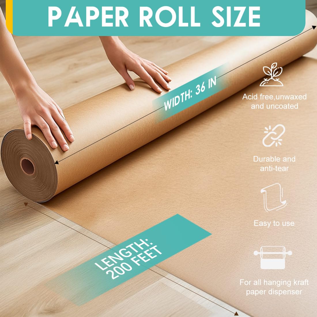 PerkHomy 36" x 2,400" (200') Brown Kraft Paper Roll for Craft Bulletin Board Paper Art Table Covering Crafting Gift Wrapping Bouquet Packing Parcel 70GSM 50LB (Brown, 36" x 200') - Available at All In One Marketplace Canada