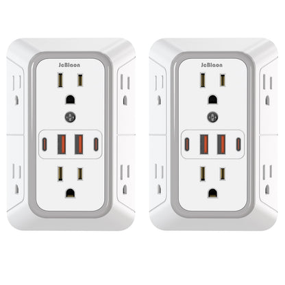 2 Pack Outlet Extender Surge Protector, 6 Outlet Splitter with 4 USB Outlet (2 USB A,2 USB C), 3Sided Power Strip with Adapter Spaced Outlets for Home, Office, Travel(White)