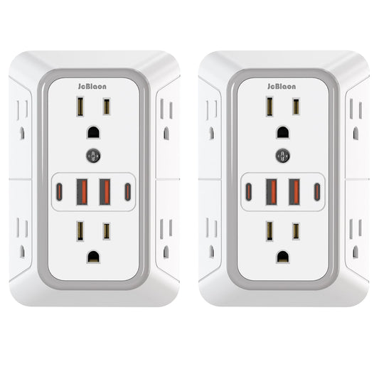 2 Pack Outlet Extender Surge Protector, 6 Outlet Splitter with 4 USB Outlet (2 USB A,2 USB C), 3Sided Power Strip with Adapter Spaced Outlets for Home, Office, Travel(White)