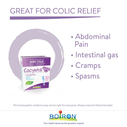 Boiron Cocyntal 60 drinkable unit-doses (Twin Pack) used for infant colic: abdominal pain, cramps, spasms and intestinal gas. Age: 1 to 6 months. Day and Night use. Boiron