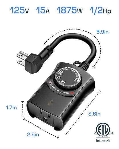 HBN Outdoor Light Timer Waterproof, Weatherproof Photocell Dusk to Dawn Light Sensor Timer with Remote Control, 2/4/6/8 Countdown Timer, 1 Grounded Outlet for Christmas Lights，1875W 15A 1/2HP 🍁 All In One Marketplace Canada